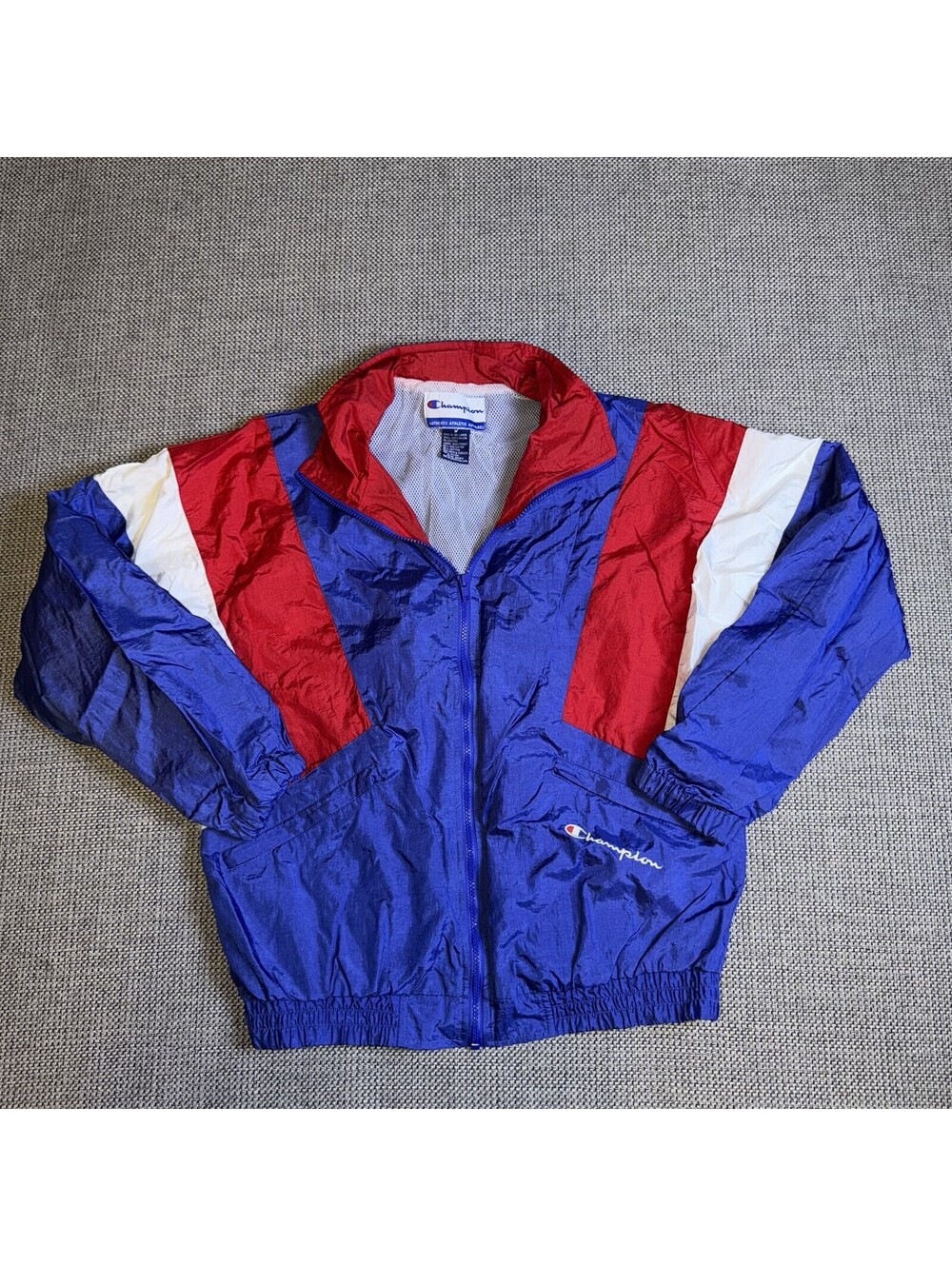 Vintage 90s Champion Red Blue Full Zip Windbreaker Jacket Size Medium